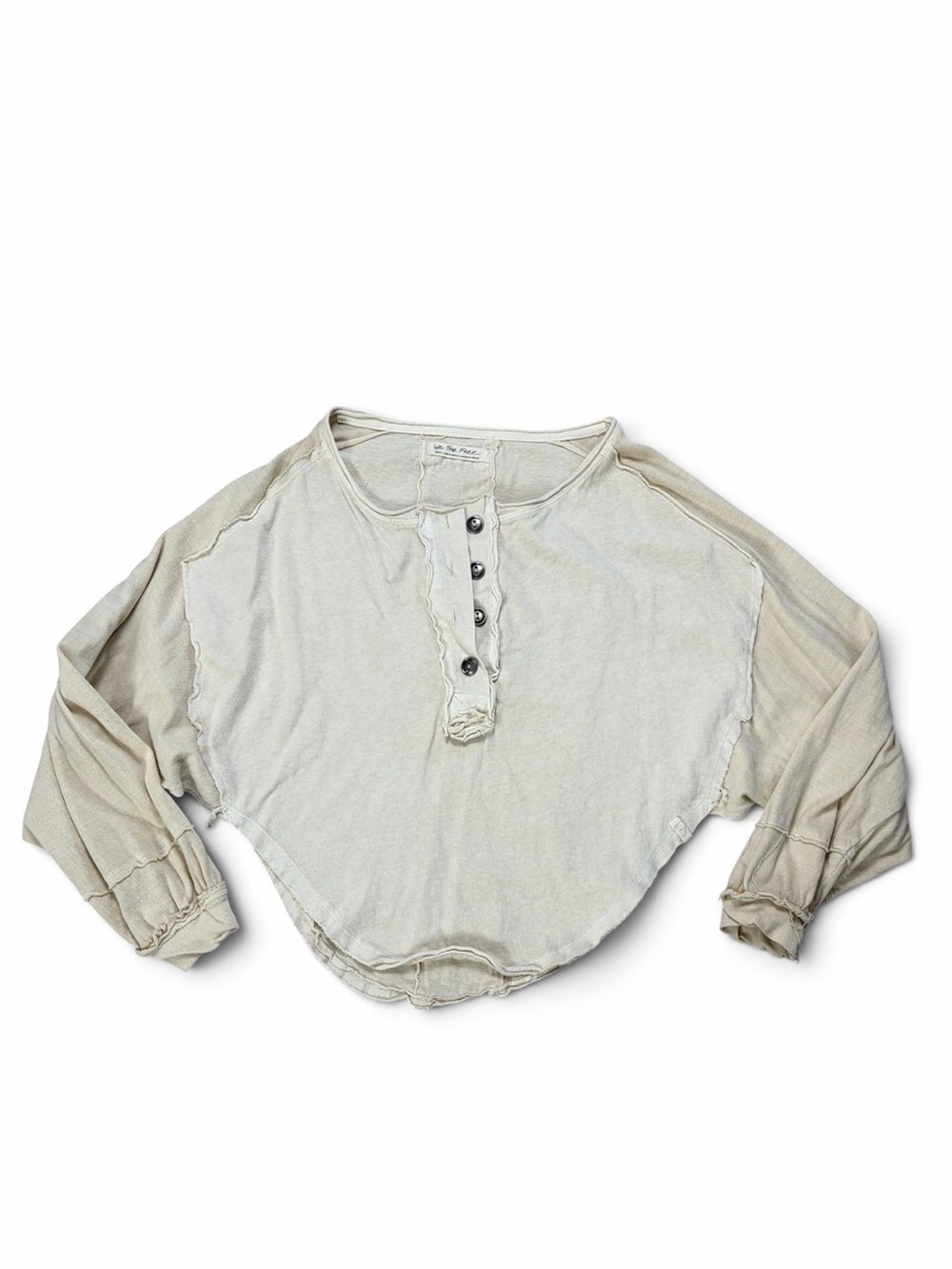 Free People We The Free Ivory Cropped Raglan Henley Small Distressed Raw Hem